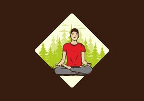 ilustración de alguien haciendo yoga y meditando al aire libre en un bosque en la naturaleza entre pinos vector