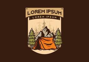 Camping tent in front of the mountain and between pine trees vector