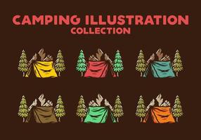 Camping tent in front of the mountain and between pine trees vector