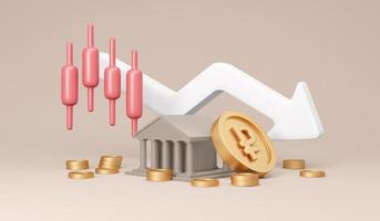 3D Rendering of Russia ruble symbol on coin and bank icon with red candlestick graph on background concept of Russian economy and financial crash down. 3D Render illustration cartoon style. photo
