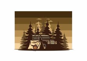 Camping beside the car in the forest illustration vector