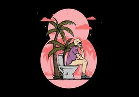 Skeleton man sit on outdoor toilet illustration vector