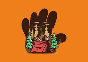 Camping tent in front of the mountain and between pine trees vector