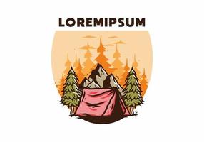 Camping tent in front of the mountain and between pine trees vector