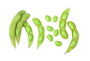 Green soy beans on white background. Top view. photo