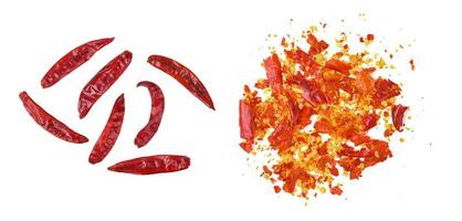 Crushed red hot pepper pile, Dried red hot chilli, Chili pepper flakes and seeds pile isolated on white background. photo