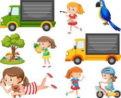 Set of different cute kids and objects vector