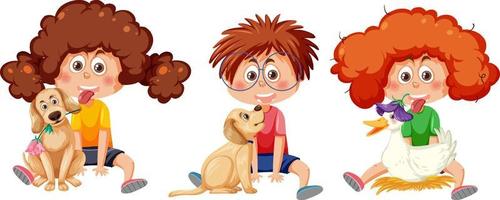 niños con su personaje de dibujos animados de mascotas vector