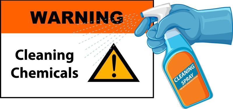 A warning sign of cleaning chemicals with human hand holding spay