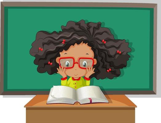 Student with curly hair reading a book wih board on the background