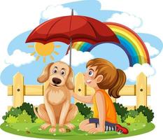 Cartoon girl and a dog with rainbow in the sky vector