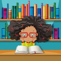niña leyendo un libro en la biblioteca vector