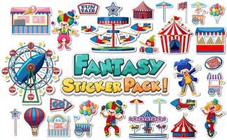 Sticker set of amusement park objects and cartoon characters vector