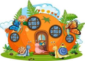 Fantasy orange house with butterfly and snails vector