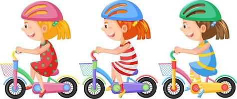 Three girls riding bicycles in cartoon style vector