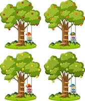 Set of kids playing swing under trees vector