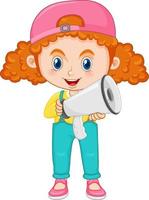 Cute girl cartoon character with curly pigtail hair holding megaphone vector