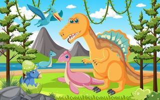 lindo grupo de dinosaurios en el bosque vector