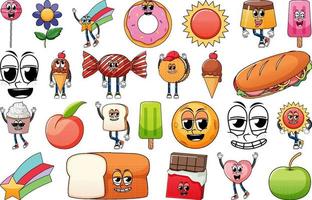 Set of facial expression with vintage style food cartoon on white background vector