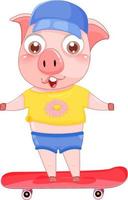 Cute pig cartoon character playing skateboard vector