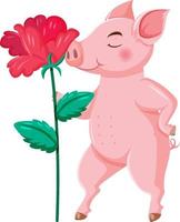 Cute piglet cartoon character with a red flower vector