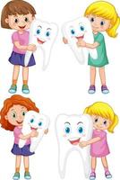 Set of happy kids holding a big tooth on white background vector