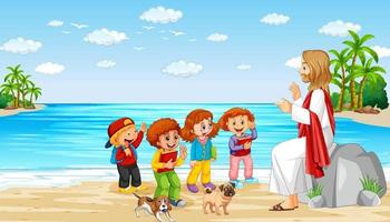 Jesus and children at the beach vector