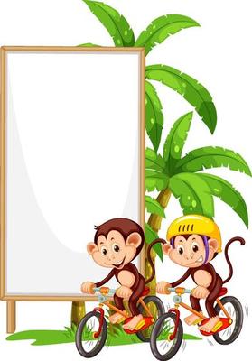 Blank wooden signboard with monkey catoon