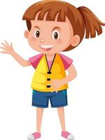 Little girl wearing yellow life jacket in cartoon style vector