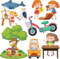 Set of different cute kids and objects vector