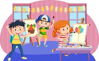 Happy children in an art class painting vector