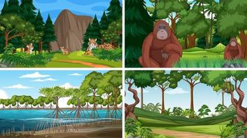 diferentes escenas del bosque con animales salvajes. vector