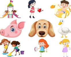 Set of different cute kids and objects vector