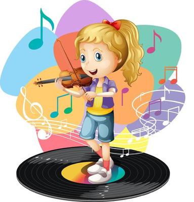 A girl playing violin and music melody symbols