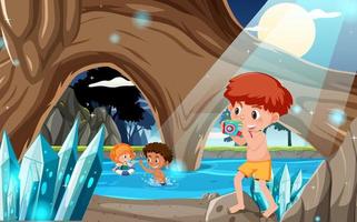 Crystal cave scene with explorer kids vector