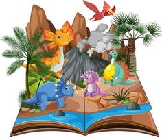 libro abierto con dinosaurio en la escena del bosque prehistórico vector