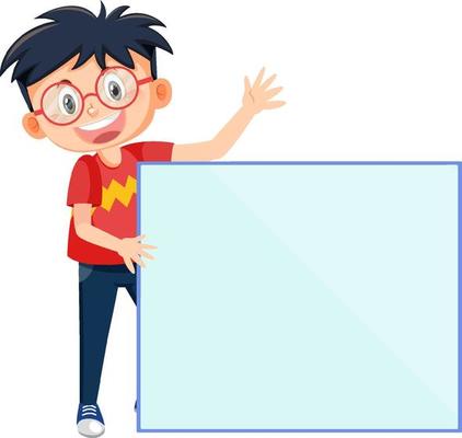 Cute boy holding blank board in cartoon style