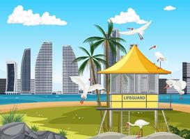 escena de playa con torre de salvavidas vector