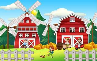 Happy kids in farm landscape vector