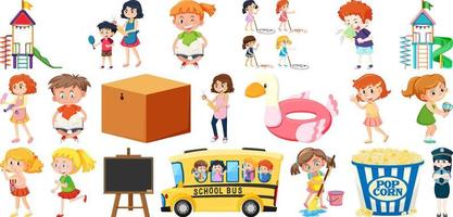 Set of different cute kids and objects vector