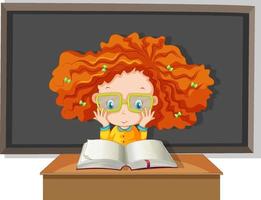 Student with curly hair reading a book wih board on the background vector