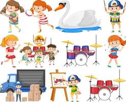 Set of different cute kids and objects vector