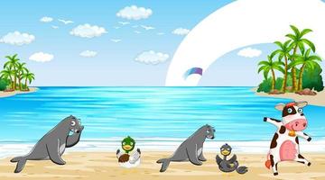 escena de playa con focas y patos vector