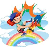 A girl playing skateboard on rainbow vector