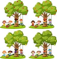 Set of kids playing swing under trees vector