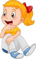 Happy girl cartoon character sitting on white background