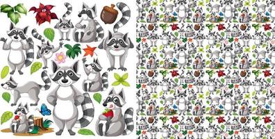 Seamless background with raccoons and leaves vector