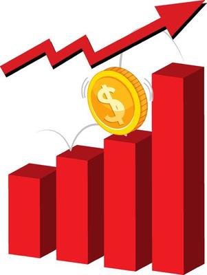 Red bar chart with red arrow going up