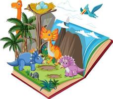 libro abierto con dinosaurio en el bosque prehistórico vector