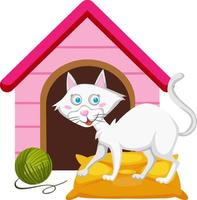 gato blanco con casa en estilo de dibujos animados vector